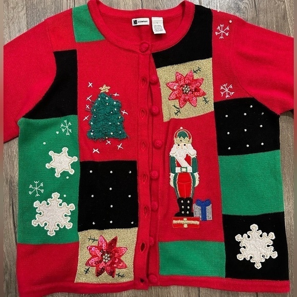 KB Womens Large Cardigan Ugly Sweater Christmas Tree Nutcracker Poinsettia VTG - Picture 1 of 9
